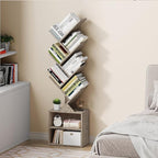 Vagusicc 6 Tier Tree Bookshelf, Modern Floor Standing Bookcase with Storage Drawer, Space Saving Storage Organizer Book Shelves for Books, Tall Wood Storage Rack for Bedroom/Living Room/Home Office