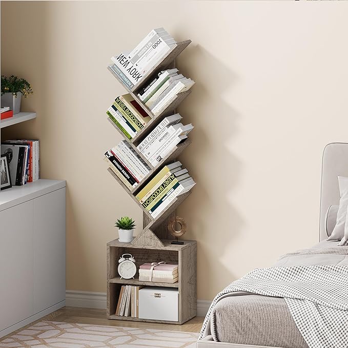 Vagusicc 6 Tier Tree Bookshelf, Modern Floor Standing Bookcase with Storage Drawer, Space Saving Storage Organizer Book Shelves for Books, Tall Wood Storage Rack for Bedroom/Living Room/Home Office