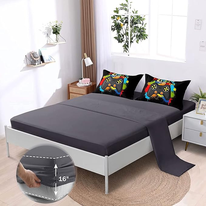 Kids Gaming Bedding Sets, 6 Piece Gamer Comforter Sets for Teens Boys Full Size for Bedroom Comforter Set Adult 3D Gamepad Microfiber Bedding Sets Fits All Season Bedding Comforter Sets