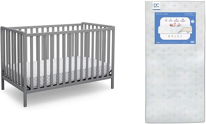 Delta Children Heartland 4-in-1 Convertible Crib, Grey + Delta Children Twinkle Galaxy Dual Sided Recycled Fiber Core Crib and Toddler Mattress (Bundle)