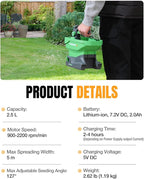 WORKPROX Battery Powered Fertilizer Spreader, 7.2V Seed Spreader for Salt, De-Icer, Earth Food, Rechargeable Grass Seed Spreader with 8-Level Settings and Holds up to 6458 sq.ft. of Product