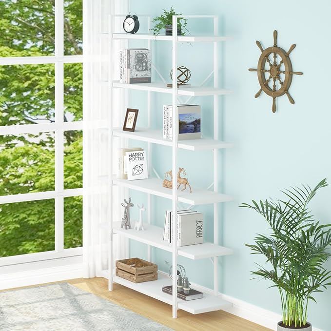HSH 6 Tier Tall White Bookshelf, Industrial Modern Vertical Metal and Wood White Bookcases 6 Shelf,Farmhouse Open Large Storage Book Shelves & Display Book Shelf for Bedroom Living Room Office