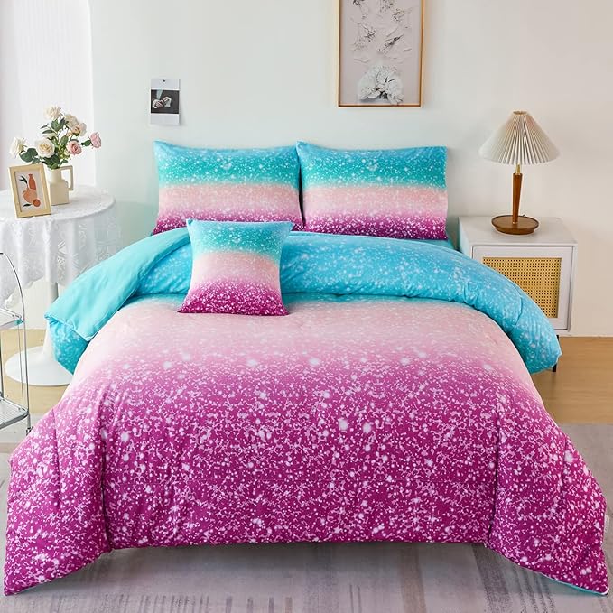 PERFEMET Queen Comforter Set with Sheets, 6 Pieces Tie Dye Rainbow Girls Bedding Set, Gradient Glitter Colorful Ombre Bed in A Bag (Aqua Teal Purple, Queen)