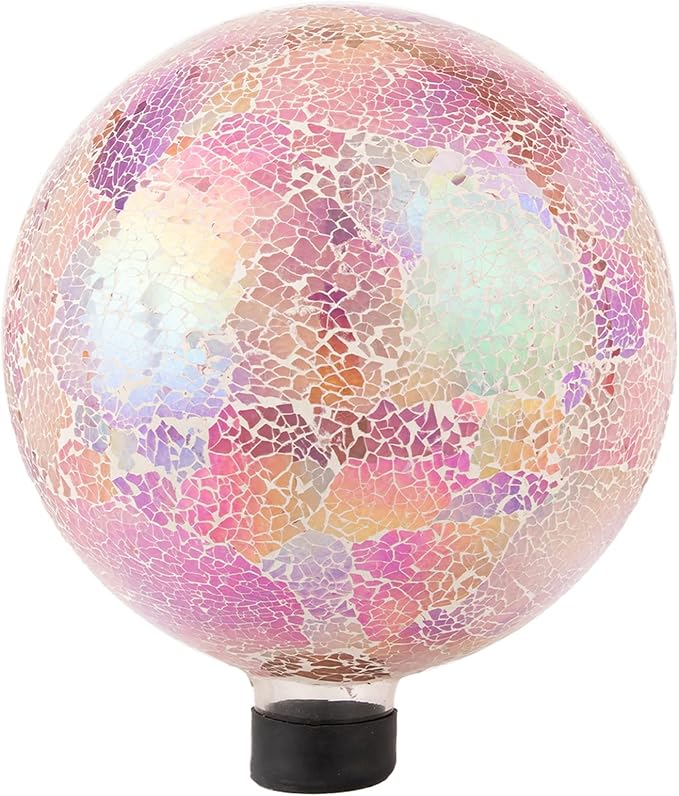 VCUTEKA Gazing Ball, Iridescent Crackled Glass Mosaic Gazing Balls Sphere for Garden Lawn Outdoor Ornament Yard Decorative, 10-Inch, Pink