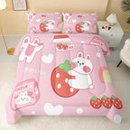 Strawberry Rabbit Comforter Set for Kids Teens Girls Women,Pink Bunny Kids Comforter,1 Comforter with 2 Pillowcase, Microfiber 3 Piece Bedding Set,for All Seasons(Pink，Full Size)