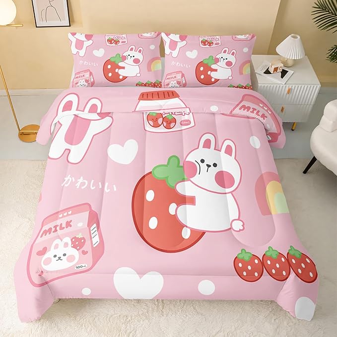 Strawberry Rabbit Comforter Set for Kids Teens Girls Women,Pink Bunny Kids Comforter,1 Comforter with 2 Pillowcase, Microfiber 3 Piece Bedding Set,for All Seasons(Pink，King Size)