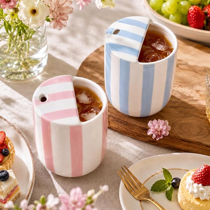 2 Pcs Ceramic Mug with Sip Hole 10 oz Novelty Pink Light Blue Striped Coffee Mug Hand Painted Ceramic Cup Heat Resistant Non Slip Built in One Lid Handcraft Mugs for Coffee Lovers Gift