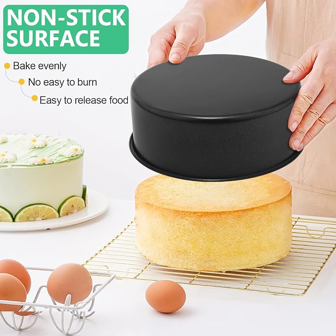 P&P CHEF 6 Inch Cake Pan Set, 3Pcs Non-stick Round Baking Cake Pans Tins | Stainless Steel Core & Nonstick Coating, Good for Baking Layer Tier Cakes for Birthday Wedding, Deep Side & One-piece Design