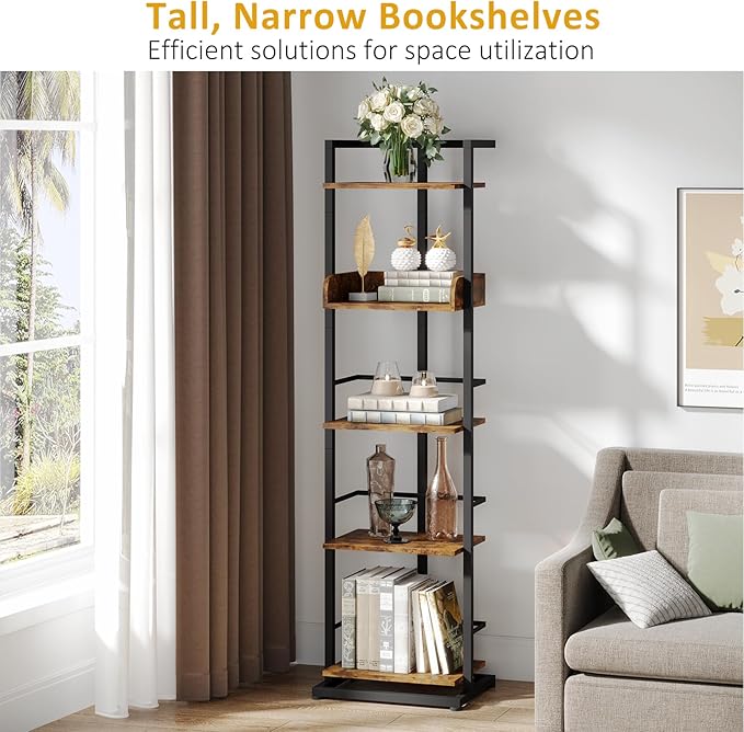 Bookshelf 5-Tier Book shelf - Narrow Wood Bookcase Tall Corner Book Shelves Storage Organizer Display Book Rack for Living Room Bedroom Office Home (Rustic Brown)