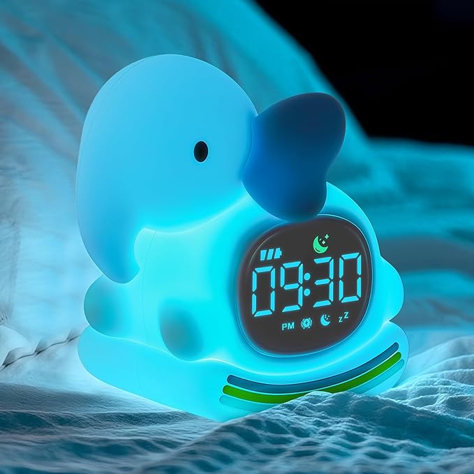 Alarm Clock for Kids with Night Light, Sleep Training Clock Time to Wake Clock, Rechargeable Silicone Light for Bedroom, Perfect Sleep Companion for Boys Girls，Blue Elephant