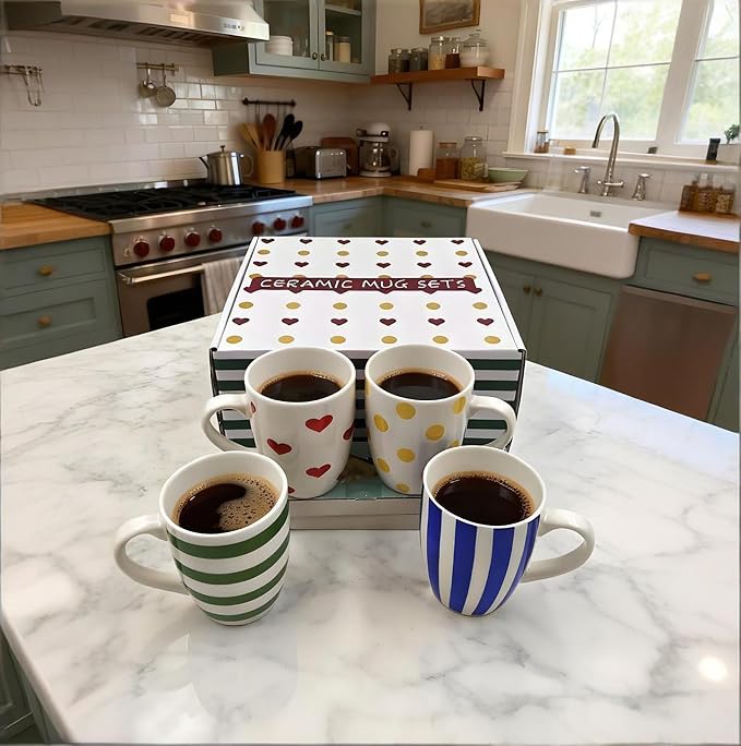 Colorful Porcelain Mug Set of 4 Include Stripes, Polka Dot & Heart Ceramic Coffee Mugs, Gift Boxed Kitchen Cup Set, Bright Everyday Cups for Family, Office & Parties,Housewarming Gift