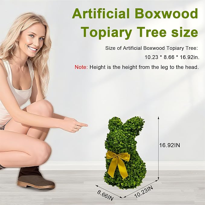 2 Pcs Artificial Bunny Shaped Topiary Trees, Artificial Green Boxwood Bunny Decorations with Gold Bow, Perfect for Indoor & Outdoor Front Porch, Easter& Garden Decor (Bunny Tree Without Base)