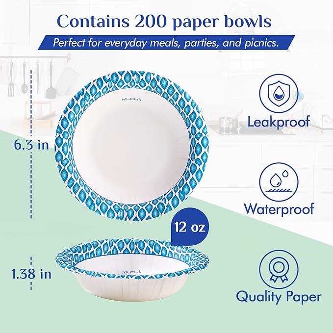 MUCHII 12 Oz Paper Bowls 200 Counts Disposable Bowls, Printed Soak Proof Small Bowls for Breakfast, Lunch, and Dinner Meals