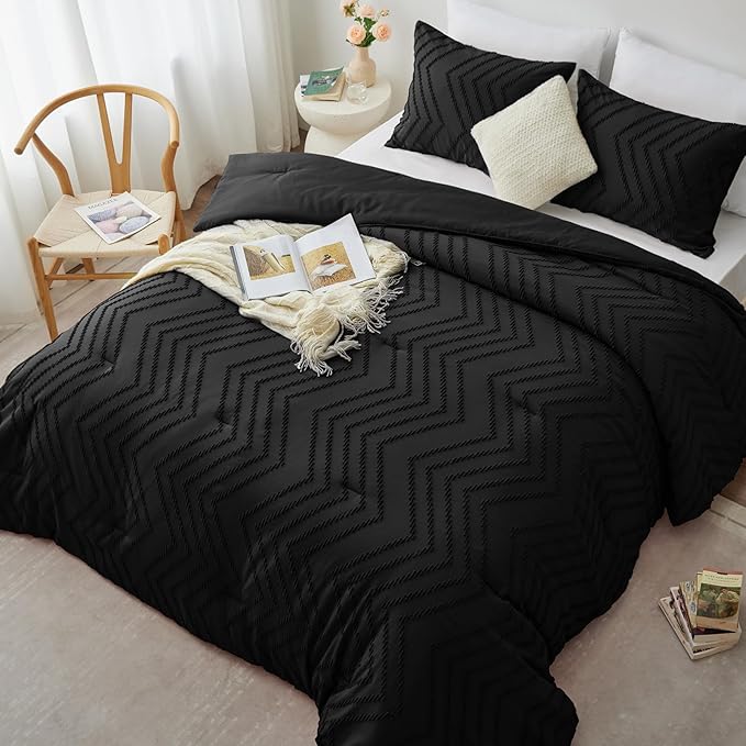CozyLux Queen Comforter Set Black - 3 Pieces Black Boho Tufted Shabby Chic Bedding Comforter Set for All Seasons, Chevron Bedding Sets with Comforter & 2 Pillow Shams