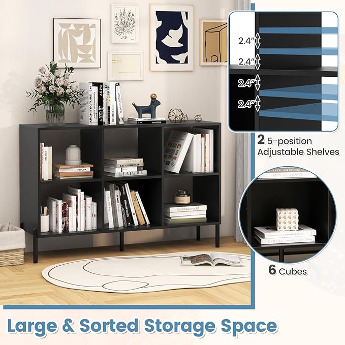 LOKO 6 Cube Bookcase, 3-Tier Floor Open Bookshelf with 5 Metal Legs, Cube Storage Organizer with Adjustable Shelves, Modern Display Shelving for Living Room, Study, Bedroom, Office (black)
