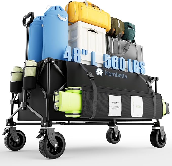 48″ Extra-Large Folding Wagon Cart, 560LBS Capacity, 350L Heavy Duty Utility Cart with Brakes, All-Terrain Wheels, 600D Oxford Fabric, Foldable Design for Camping, Beach, Travel, Festival