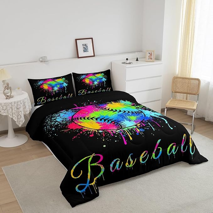 Kids Baseball Comforter Set Full Size Sports Game Bedding Set for Boys Girls Teens Bedroom Decor Baseball Gaming Comforter Women Men Tie Dye Duvet Set with 2 Pillow Case