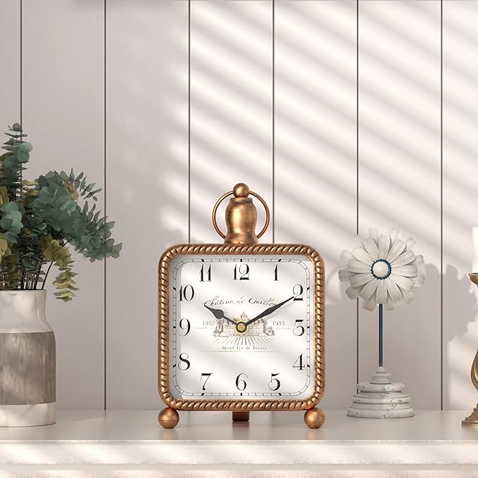 Vintage Gold Table Clock on Stand, Desk and Shelf Decor Clock, French Rustic Style Non-Ticking Mantel Clocks for Farmhouse, Living Room, Bedroom, Bedside, Gift (8.5" H x 5.5" W)