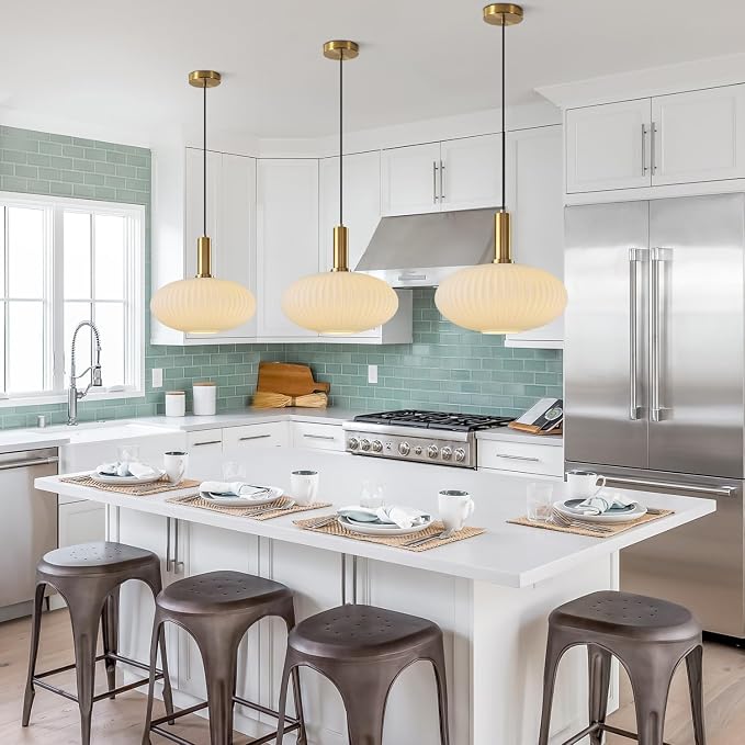 KCO Mid Century Modern Gold 12” Large White Milk Ribbed Glass Pendant Light | E26 Base, Adjustable Height, Lantern Shade Vintage Brass Hanging Light for Sloped Ceiling Kitchen Island Sink Dining Room Bar