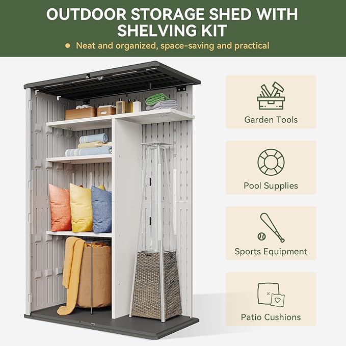 Aoxun Outdoor Resin Storage Shed with Metal Shelving Kit & Floor, 64 Cu.Ft Vertical Waterproof Storage Cabinet for Garage, Pool, Bike, Garden Tools, Patio Furniture (White)