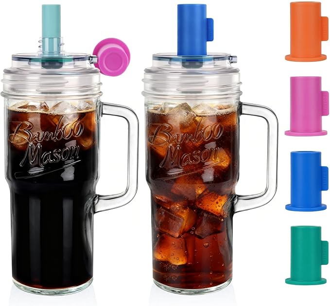 ANOTION Bamboo Mason Leakproof Mason Jar Cups with Lids and Straws, Cap Cup 24oz Glass Tumbler with Handle, Rotating Lid Silicone Straw, Reusable Iced Coffee Matcha Cup Coffee Gifts for Women 2pc