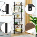 5 Tier Ladder Shelf with 2 Hooks, Modern Metal Wood Bookcase Shelf, Wall Mounted Bookshelf, Standing Display Storage Organizer for Home, Office, Kitchen, Living Room, Bedroom