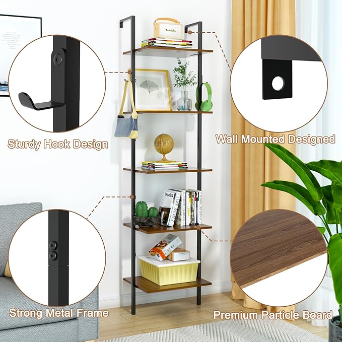 5 Tier Ladder Shelf with 2 Hooks, Modern Metal Wood Bookcase Shelf, Wall Mounted Bookshelf, Standing Display Storage Organizer for Home, Office, Kitchen, Living Room, Bedroom