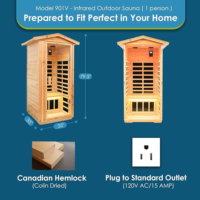 Saunas 901V Far Infrared Sauna, Outdoor Wooden Dry Sauna Low EMF (Hemlock Wood, 1-Person Size)