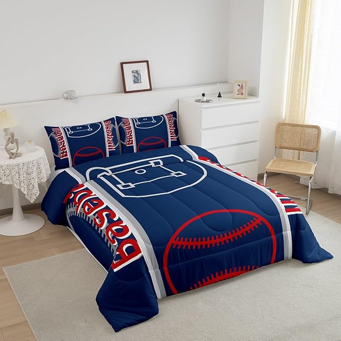 Feelyou Baseball Print Bedding Set King Size Sports Game Comforter Set for Kids Boys Girls Decor Baseball Gaming Comforter Microfiber Ball Duvet Set Bedroom Quilt Set