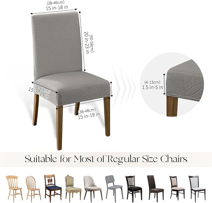 MOSAYT 100% Waterproof Dining Room Chair Covers Set of 4, Super Fit Stretch Jacquard Parson Chairs Slipcovers Removable Washable Chair Seat Protectors for Home, Kitchen, Banquet (Light Grey - XL)