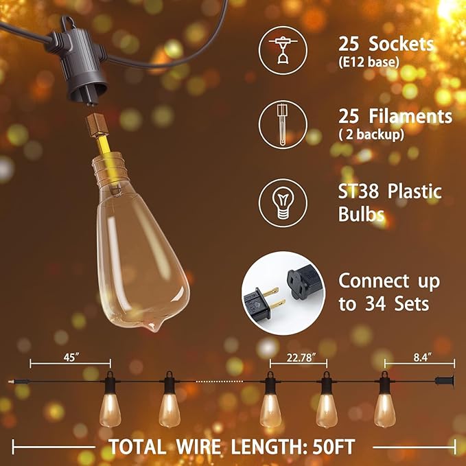 Outdoor String Lights 50 ft, LED Patio Lights with 27 (25+2 Spare ST38 Shatterproof Bulbs), IP 65 Waterproof, Outside Hanging Light for Cafe Bistro Backyard