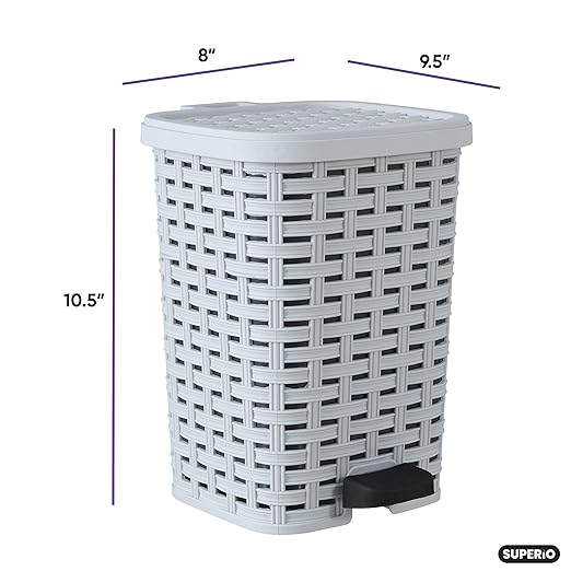 Superio Small Outdoor Trash Can with Lid for Dog Poop 1.5 Gallon/6 L Mini Plastic Garbage Can with Foot Pedal for Bathroom, Bedroom, Office, Patio, Wicker Smoke