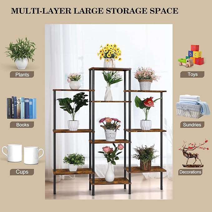 4-Tier Bookshelf,Small Triple Wide Bookcase for Books,CDs,Movies,Display Shelf with 10 Open Shelves for Living Room,Home Office,Balcony,Rustic Brown