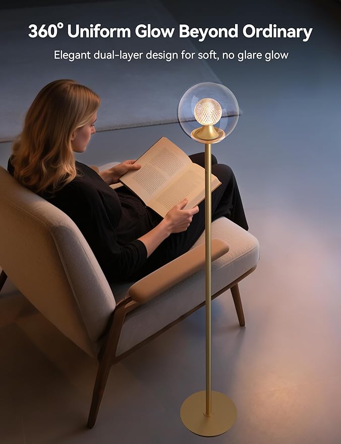 Tubicen Gold Floor Lamp with Dual-Globe Glass Shade Memory Function Art Decor 4-Stage Touch Control Dimmable Modern LED Corner Standing Floor Lamp for Bedroom Office Living Room Bedside