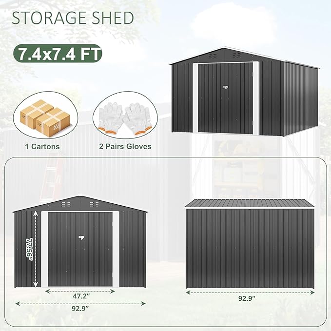 Polar Aurora Outdoor Storage Shed, Metal Garden Shed with Updated Frame Structure, Tool Sheds for Backyard Garden Patio Lawn (Black, 8x8 FT)