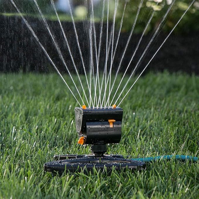 Melnor 65003-AMZ Mini Oscillating Sprinkler with Product Adapter Watering Set, On Base, Black, Yellow