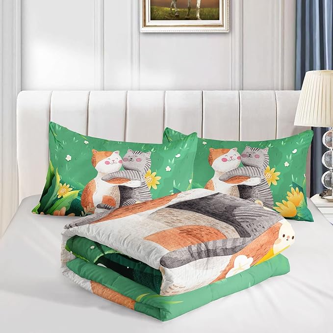 Datura home Cute Cat Kids Comforter Bedding Set for Boys Girls, Watercolor Cat Forest Rabbit and Flower Print Comforter with 2 Pillowcases(Cute Cat Full)