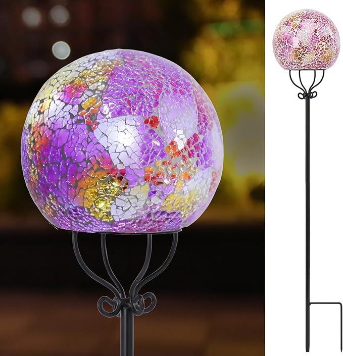 VCUTEKA Solar Outdoor Lights Garden Decor Mosaic Solar Garden Lights Waterproof Glass Ball LED Pathway Stake Light for Landscape Lawn Patio Yard Decoration 6 inch, Pink