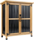 Wood & Metal Outdoor Storage Cabinet with Waterproof Roof, Garden Tool Shed with 4 T-Hinge, 4 Adjustable feet and Magnetic Door, 2 Removable Shelves, Easy Installation, 13.5" D x 34.5" W x 39" H