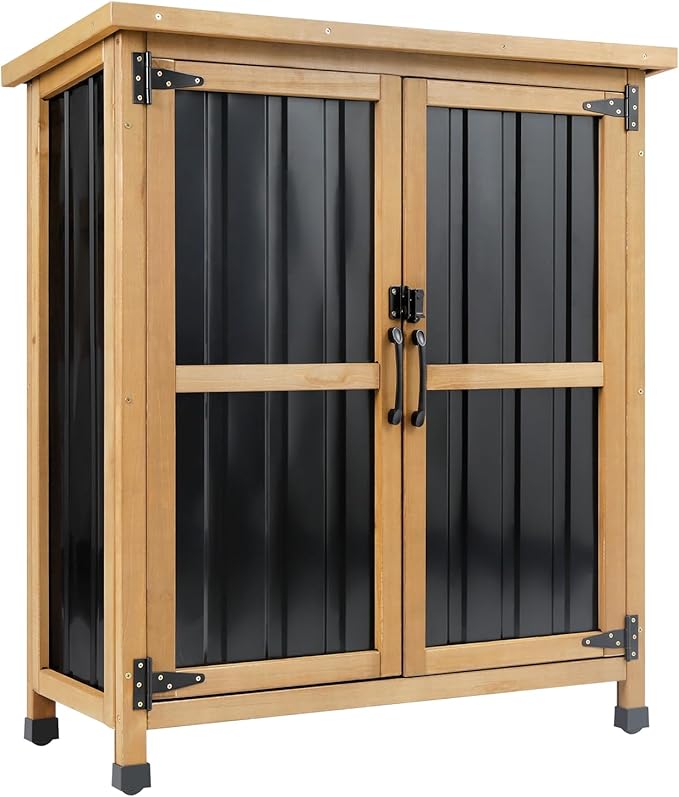 Wood & Metal Outdoor Storage Cabinet with Waterproof Roof, Garden Tool Shed with 4 T-Hinge, 4 Adjustable feet and Magnetic Door, 2 Removable Shelves, Easy Installation, 13.5" D x 34.5" W x 39" H
