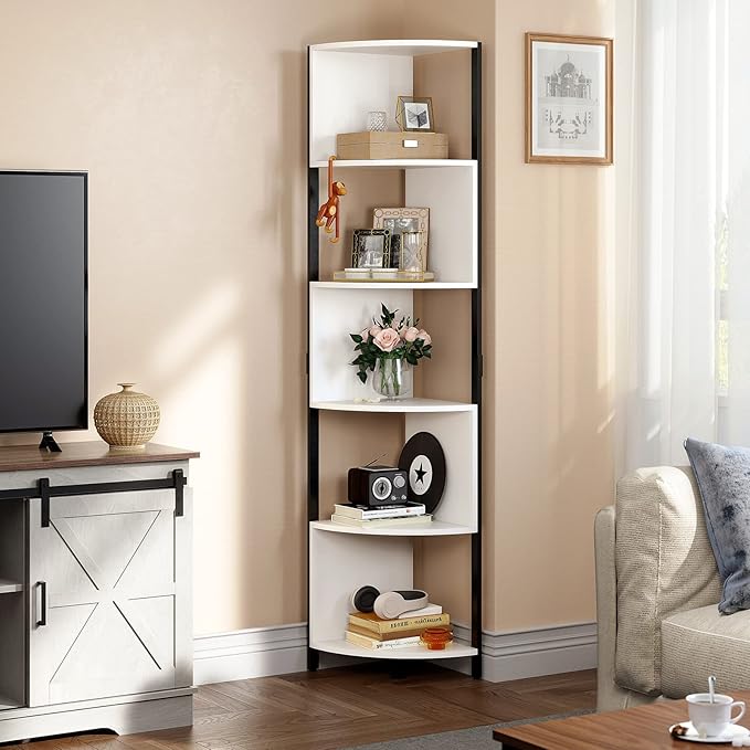 YITAHOME 6-Tier Corner Shelf, 68.8" Tall Modern Free Standing Zigzag Corner Bookshelf, 6 Shelf Display Corner Bookcase Open Small Book Shelves for Living Room, Home Office, Small Space, White