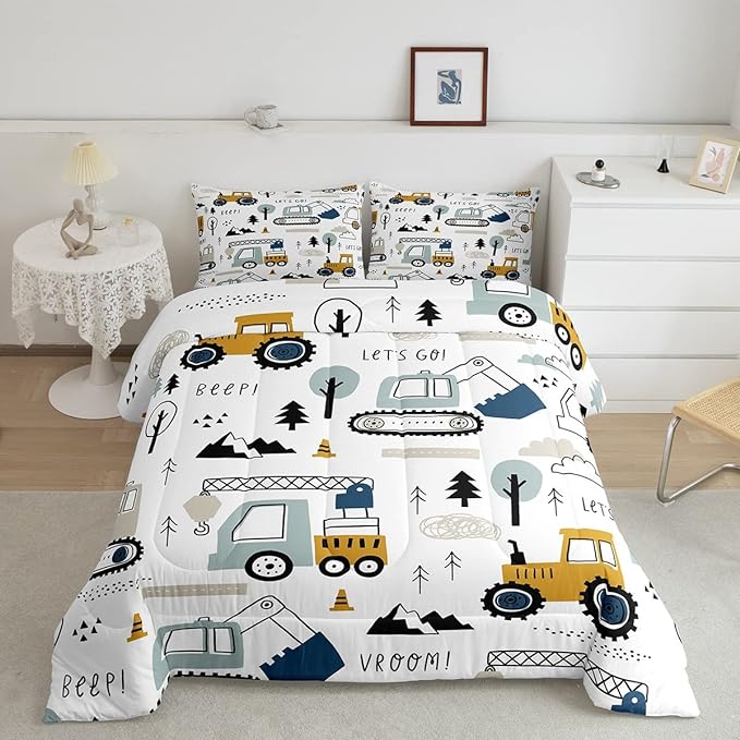Feelyou Cartoon Car Kids Comforter Set Construction Bedding Set Decor Equipment Trucks Comforter Cartoon Car Excavator Tractor White Yellow Duvet Set Bedroom Quilt Set 2Pcs Twin