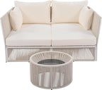2-Piece Sunbed and Coffee Table, Patio Double Chaise Lounger Loveseat Daybed Outdoor Furniture Set for Backyard Poolside Lawn Balcony, Full, Ac-Beige