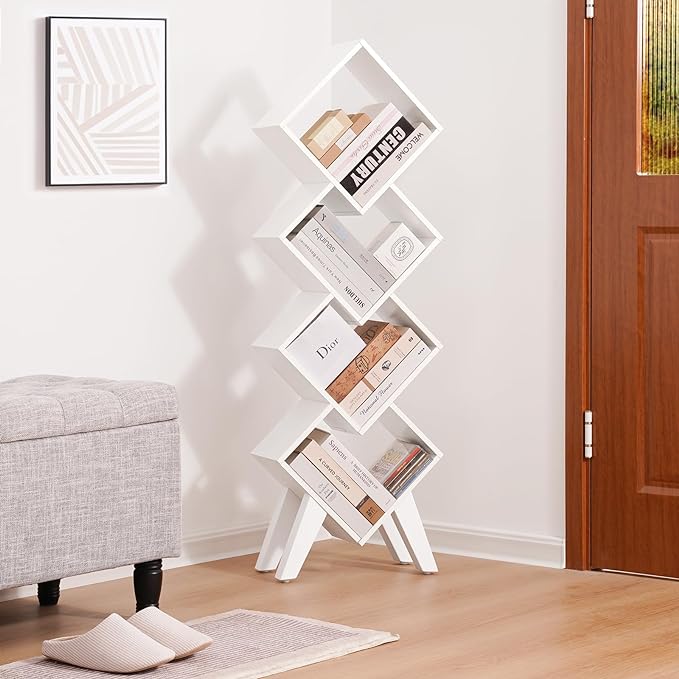 Yoobure White Bookshelf, Wood Small Bookcase 4-Tier Book Shelf, Tall Bookcases Book Organizer, Modern Bookshelves Floor Standing for CDs/Books in Small Spaces, Living Room, Home Office, Bedroom