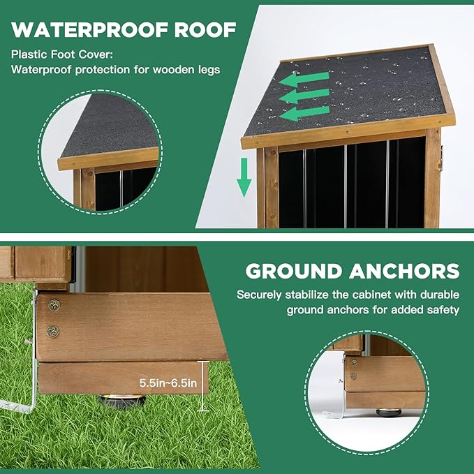 Outdoor Storage Cabinet, Wood & Metal Storage Shed with Weather-Resistant Roof, Double Lockable Doors, Removable Shelves & Adjustable Feet, for Patio, Backyard, Poolside, 46" x 18" x 68"