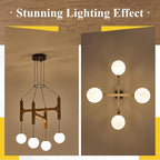Farmhouse Wooden L24'' Chandelier Rustic Oak Wood Pendant Lights Mid Century 4-Light Milk Glass Globe Pendant Chandelier for Dining Room Kitchen Foyer Entryway Bedroom, G9