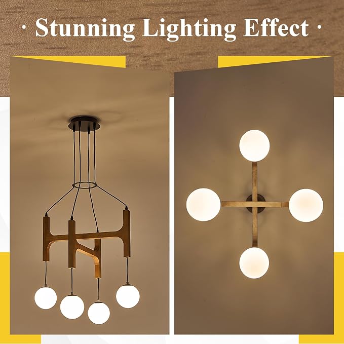 Farmhouse Wooden L24'' Chandelier Rustic Oak Wood Pendant Lights Mid Century 4-Light Milk Glass Globe Pendant Chandelier for Dining Room Kitchen Foyer Entryway Bedroom, G9