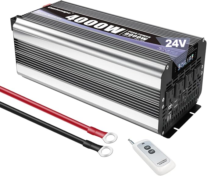 4000 Watt Power Inverter, Car Inverter 24V DC to 110V/120V AC Converter with LCD Display, 4 AC Outlets, USB Port & Remote Controller for RV, Truck, Off-Grid Solar System