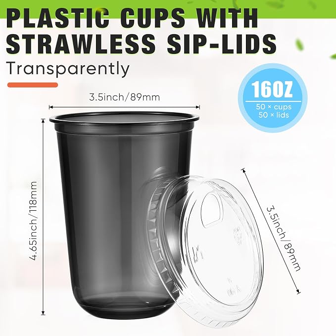 Ziliny 50 Sets Clear Plastic Coffee Cups with Sip Lids, Disposable Plastic PET Crystal Cups for Iced Coffee, Smoothie, Cold Beverage, Drink Shops and Party Catering(Clear Black,16 oz)