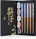 Antner 5 Pairs Reusable Bamboo Chopsticks and 5PCS Ceramic Rests Set, 8.8 Inch Classic Japanese Style Chopsticks with Holders for Sushi Ramen Asian Cuisine, Non-Slip, Black Elegant Gift Box